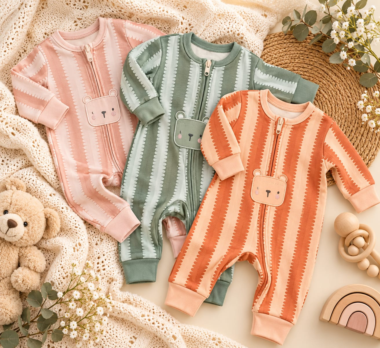 Teddy Stripe Zip Romper 3-Pack